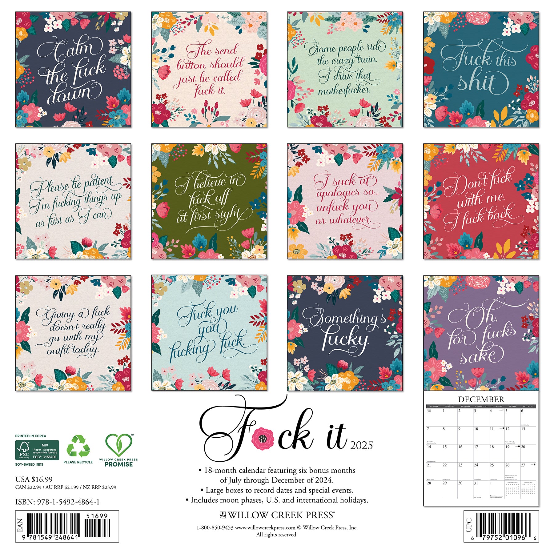 2025 Willow Creek Press Monthly Wall Calendar 12 x 12